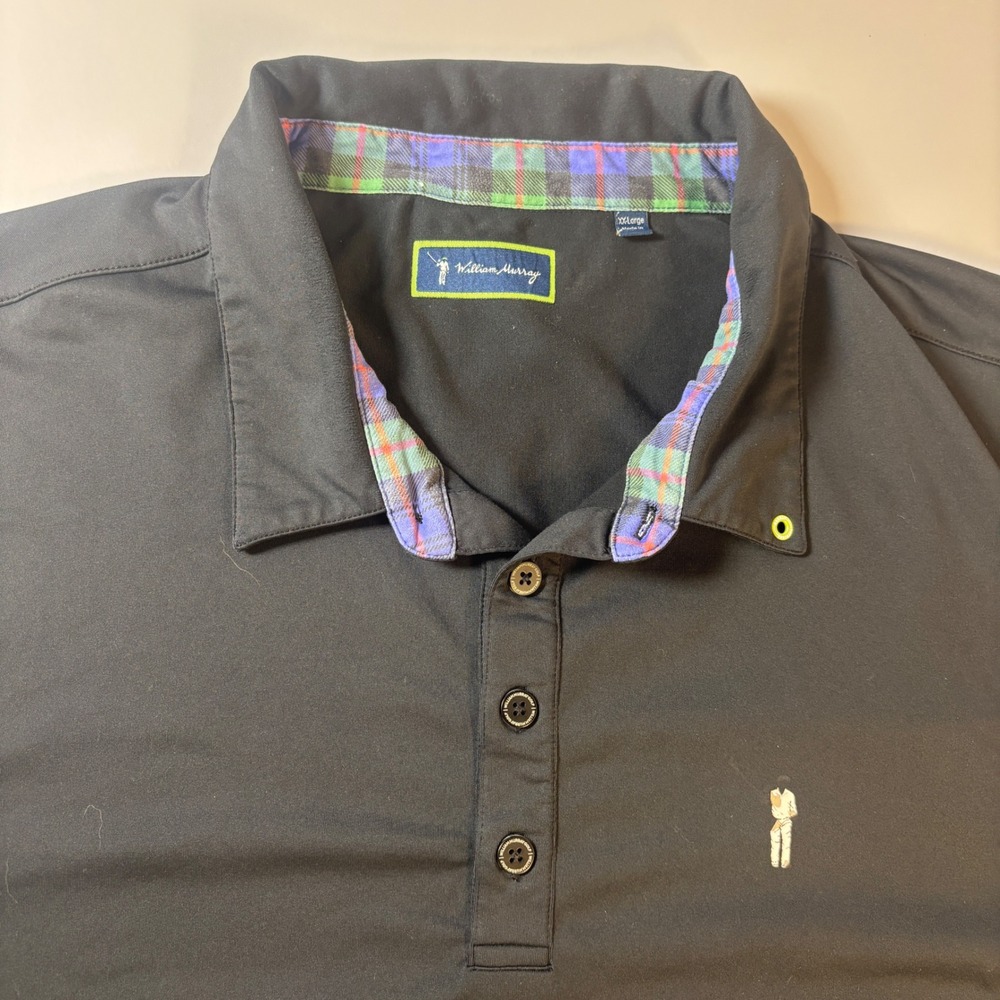 William Murray Golf Polo Shirt Mens XXL Black Plaid Trim Performance Golf Sporty